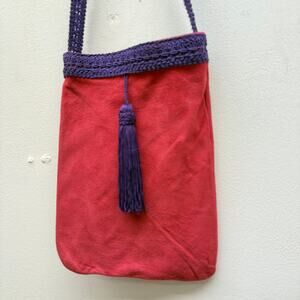 Vintage 1970s Hot Pink Suede Purse Cross Body Purple Tassel Boho Chic Hippie